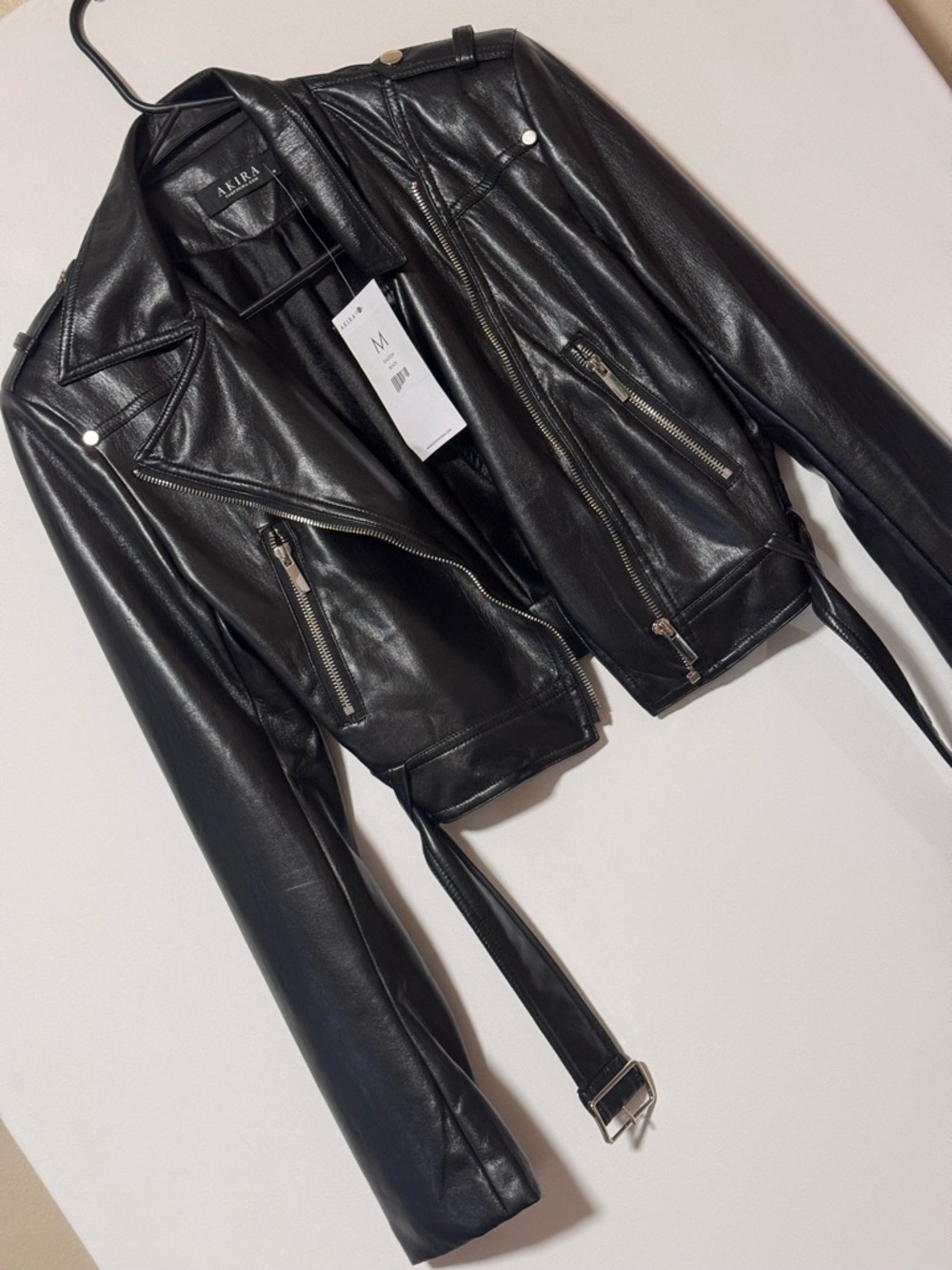 AKIRA Black Cropped Faux Leather Belted Moto Jacket